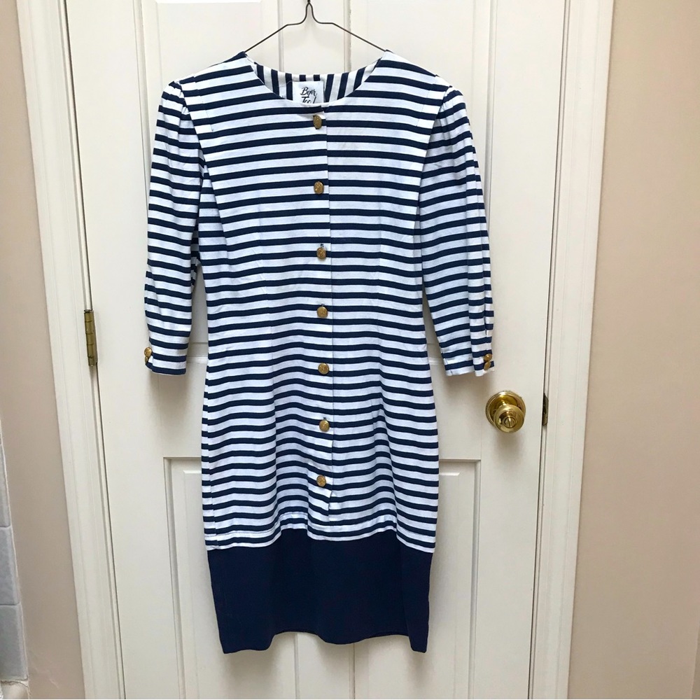 Navy Blue and White Striped Dress. Size 11